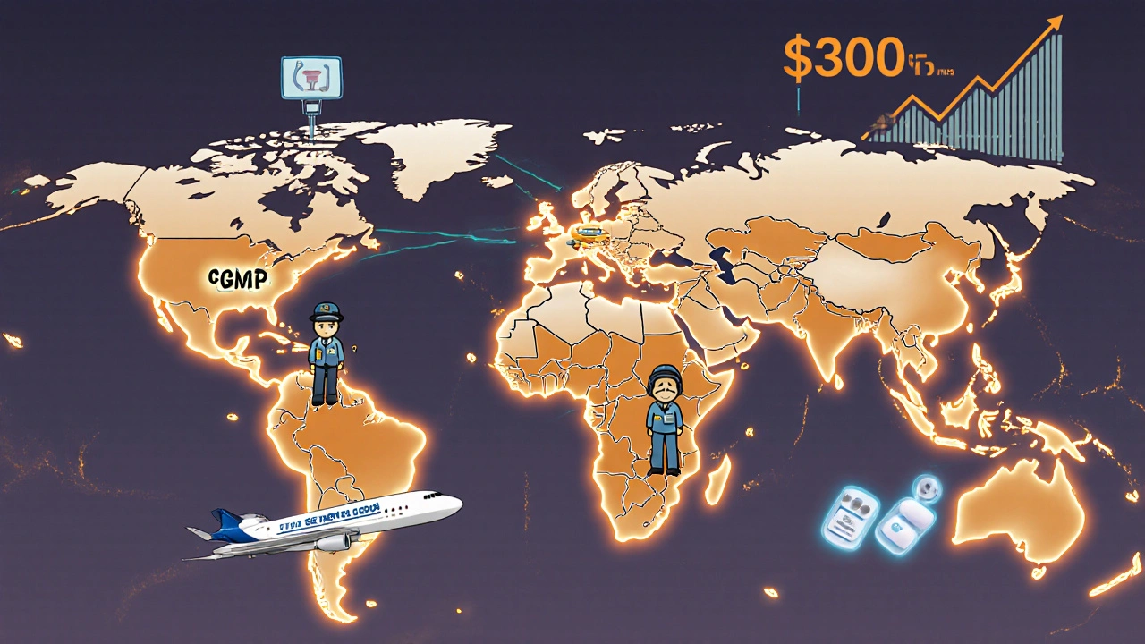 Global map of generic drug factories under FDA inspection, with impurity particles disappearing