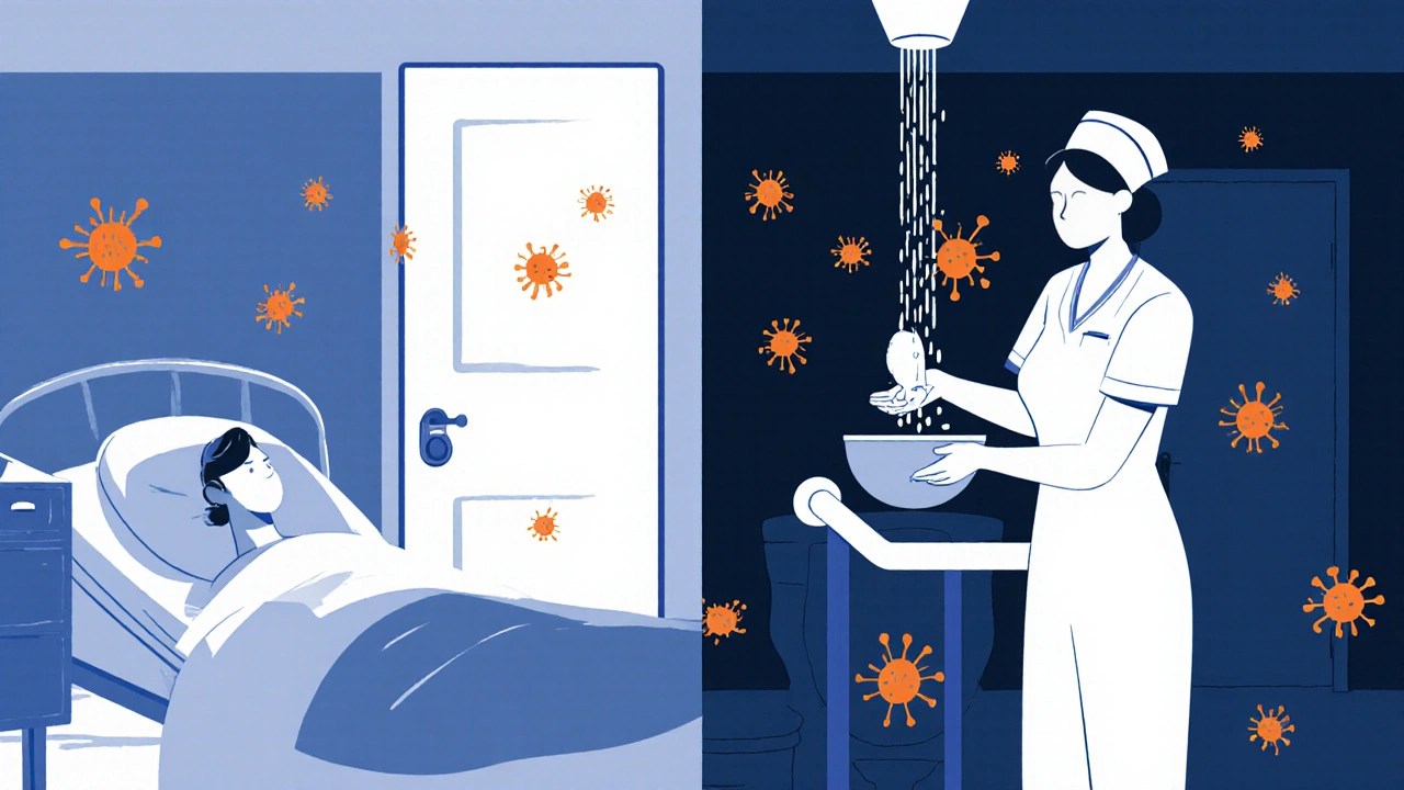 Hospital scene with floating C. diff spores and a nurse washing hands with soap versus ineffective sanitizer.