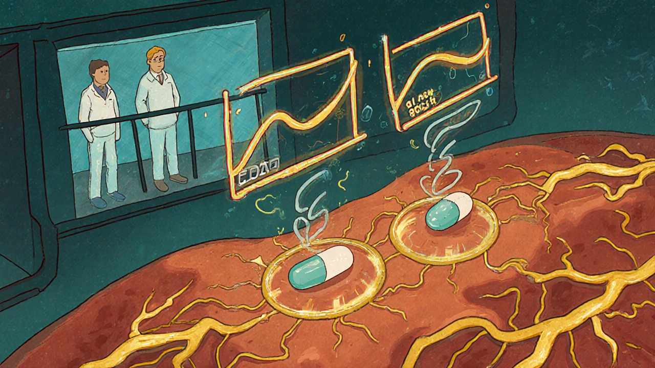 Microscopic view of pills dissolving equally in blood, with glowing bioequivalence graphs