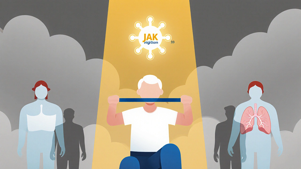 Patient doing gentle physical therapy with fatigue and treatment symbols floating nearby, light breaking through darkness.