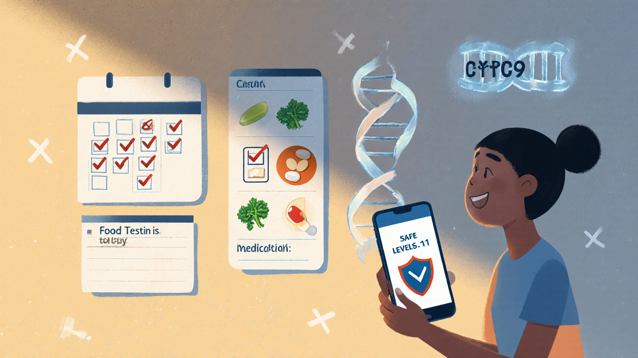 Patient with daily management checklist and app showing safe levels, surrounded by genetic strands and health icons.