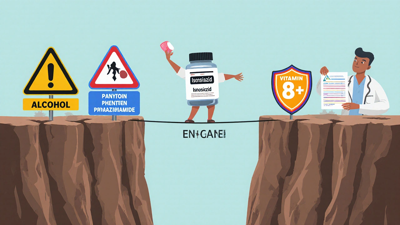 Person on a tightrope between liver damage risks and safety measures with vitamin B6 shield.