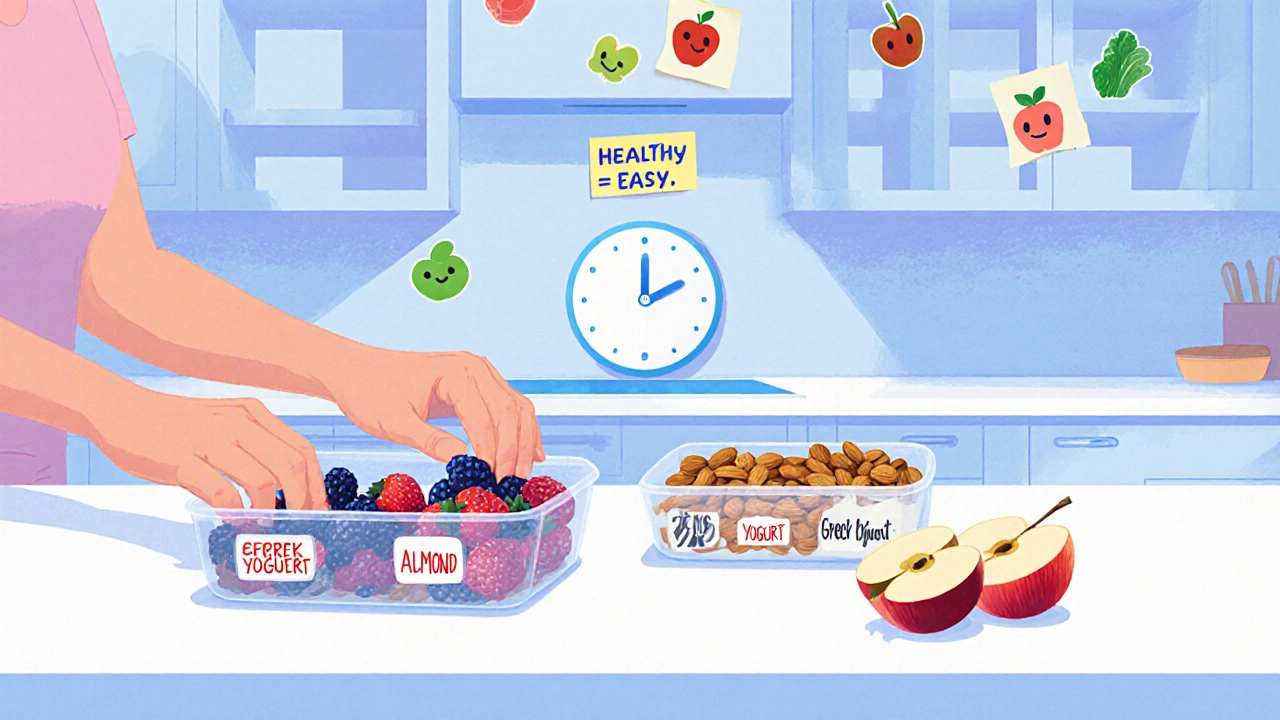 Person preparing pre-portioned healthy snacks on Sunday, with empty shelves where junk food once was.