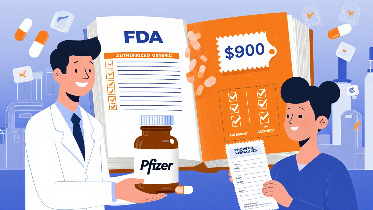 Pharmacist giving a patient an unbranded pill bottle with a receipt showing savings, FDA Orange Book in background.