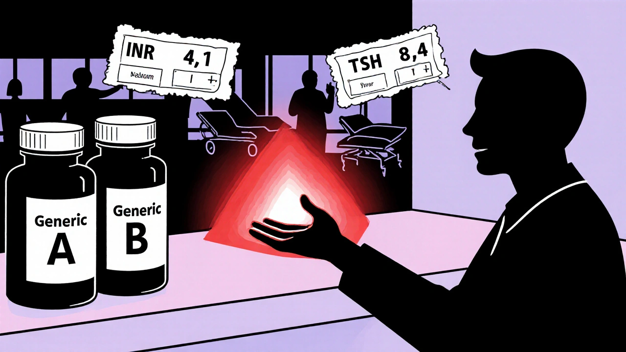 Pharmacist handing two generic pill bottles with warning blood test results floating above, hospital gurneys in shadow.