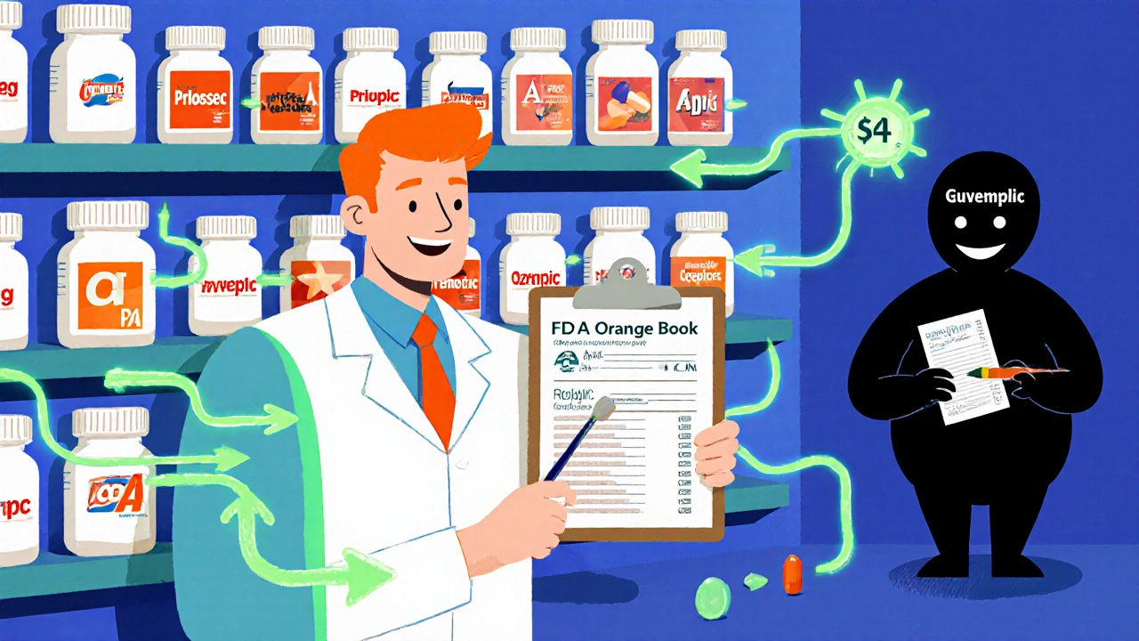 Pharmacist pointing to FDA Orange Book&#039;s &#039;A&#039; rating as brand-name pills are replaced by generics with glowing equivalence arrows.