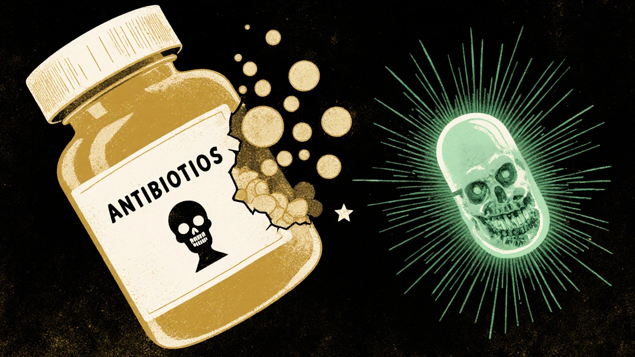 Pill bottle releasing harmful spores that form a skull figure, contrasted with a glowing FMT capsule.