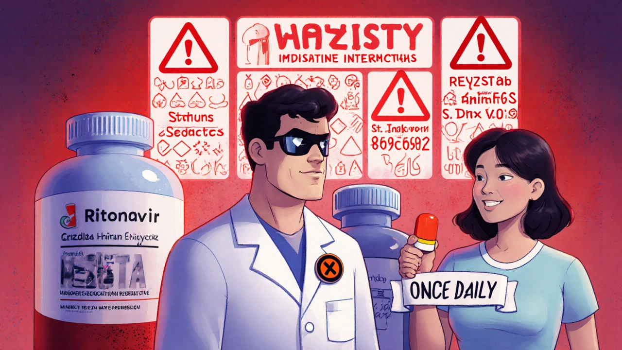 Ritonavir as a quiet superhero sidekick helping HIV drugs while warning signs glow nearby.