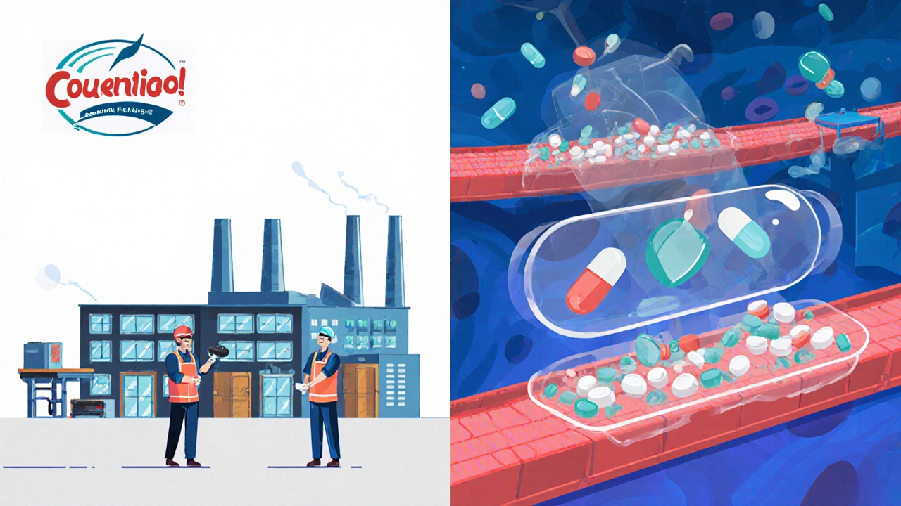 Same factory producing both branded and unbranded pills, showing identical production lines with no visual difference.