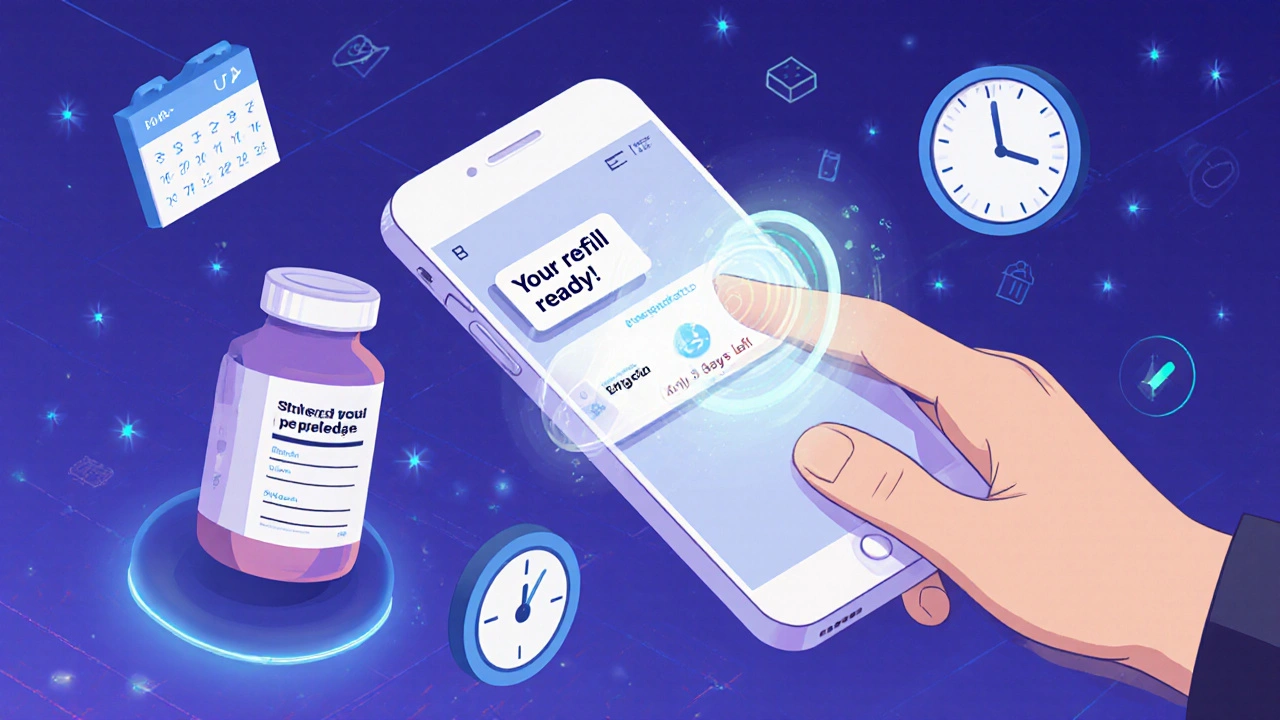 Smartphone app showing refill alerts and AR scan of prescription bottle