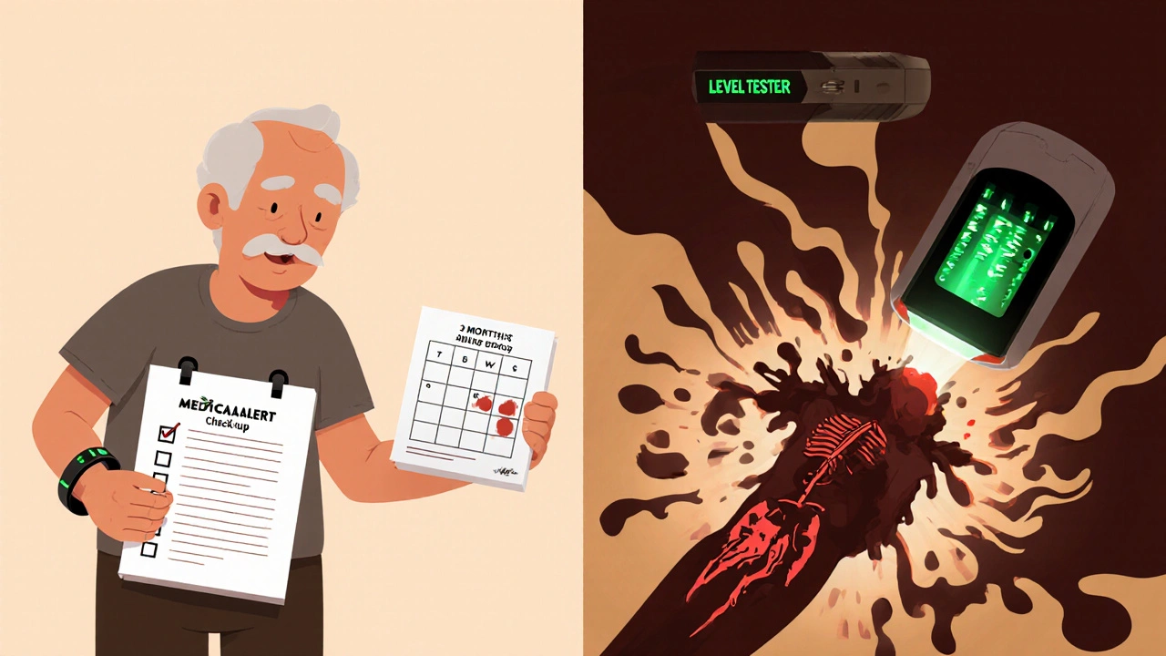 Split illustration: man prepared with medical bracelet vs. same man collapsing from internal bleeding.