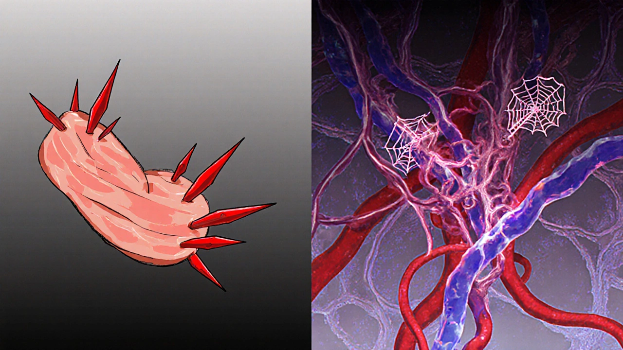 Split illustration of immune cells attacking muscle in polymyositis and dermatomyositis under microscope view.