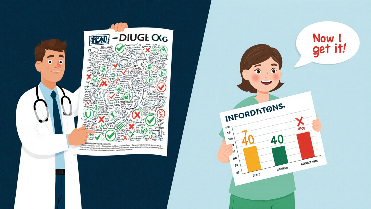 Split image: complex drug label vs. simplified infographic with green checkmarks and red Xs showing benefit-risk trade-offs.
