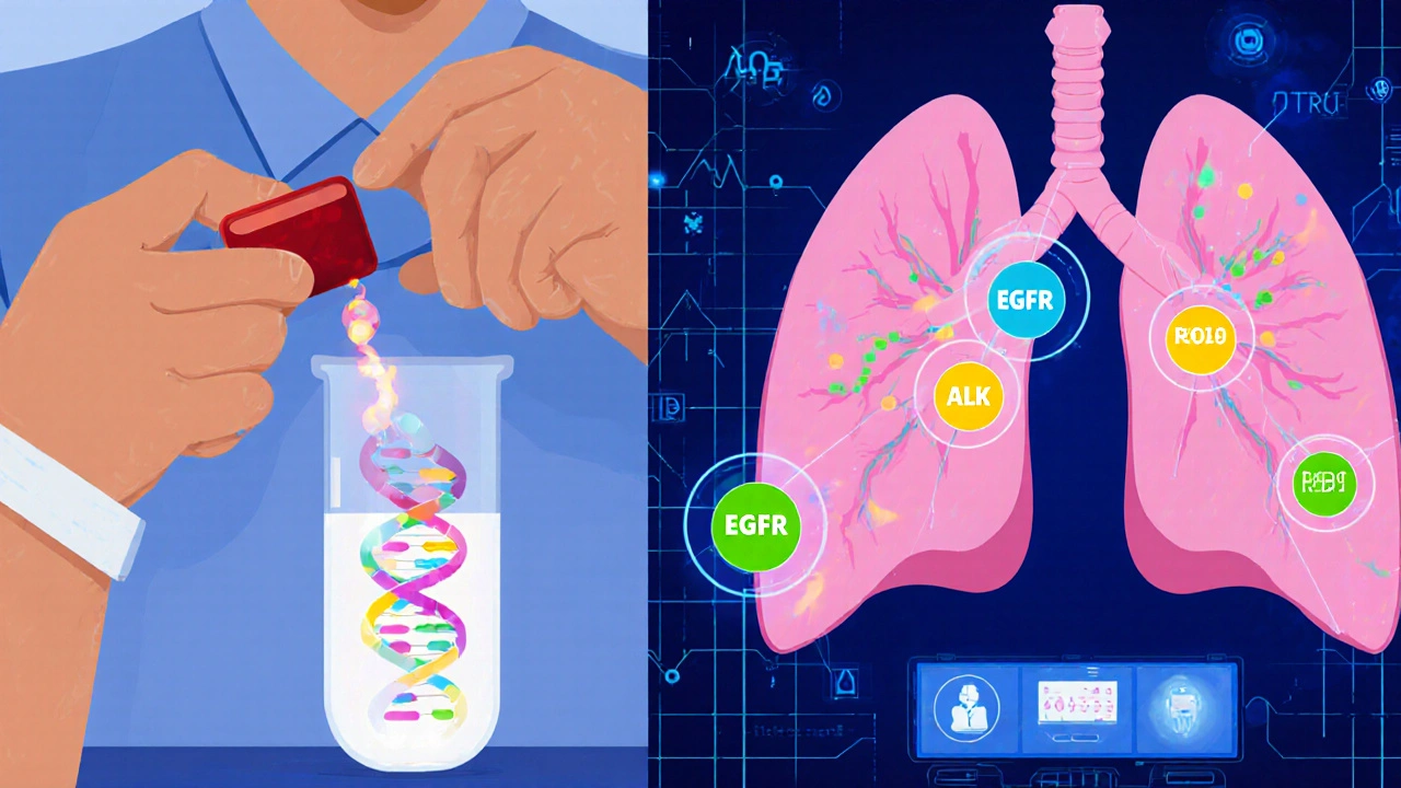 Split scene: blood test with floating tumor DNA and digital lung mutation markers illuminated by AI analysis.