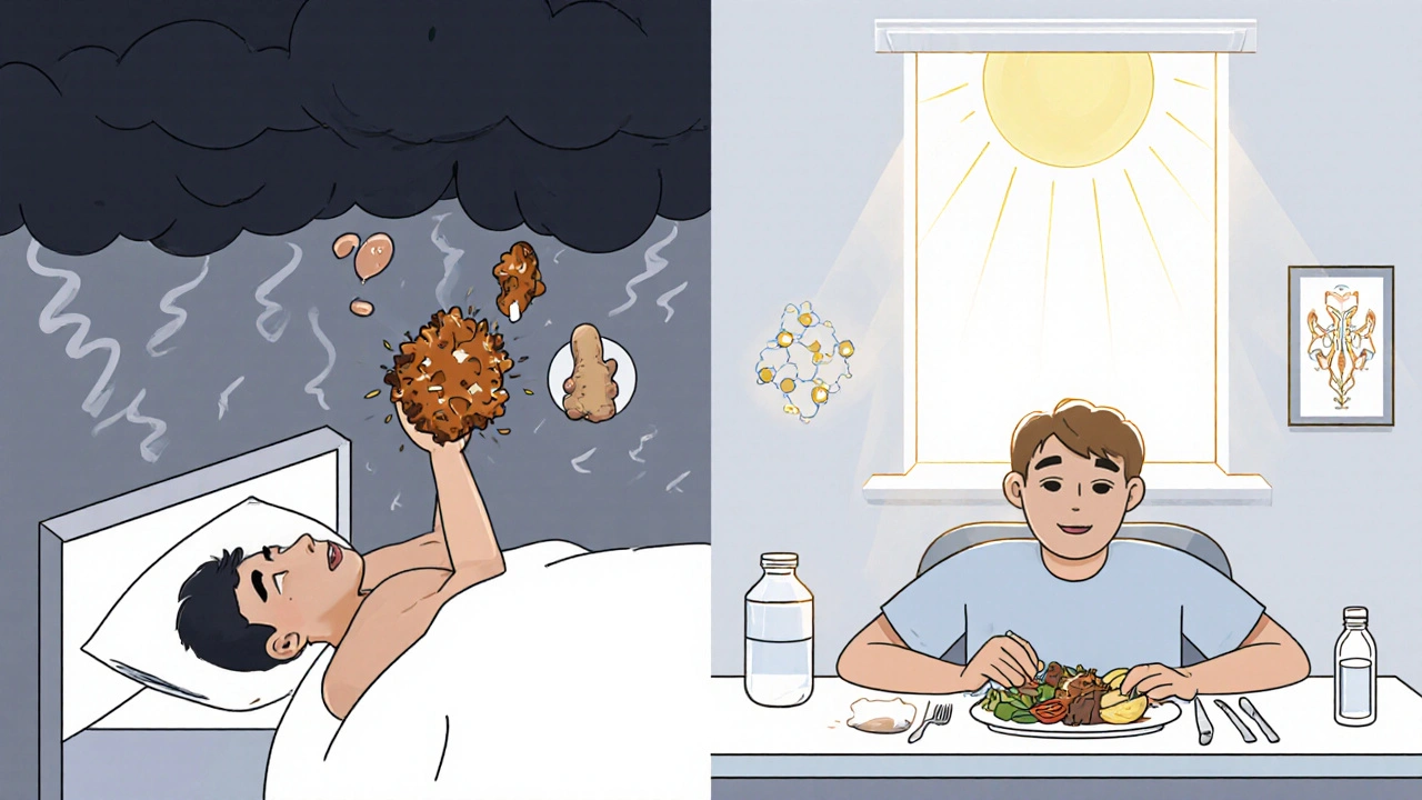 Split scene: nausea from lying down after greasy meal vs. relief sitting upright with ginger and water.