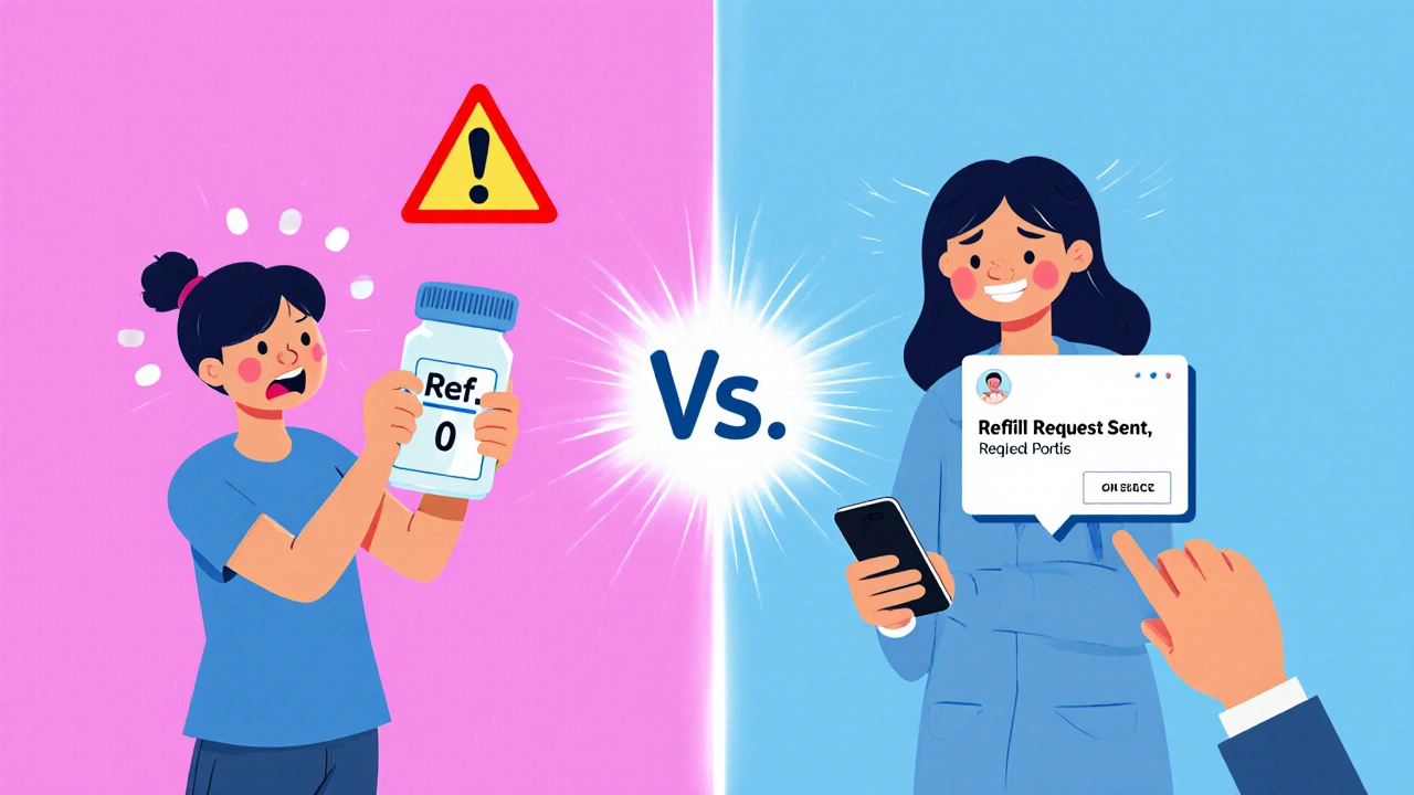 Split scene: patient panicking over &#039;Ref: 0&#039; vs. calmly calling doctor for refill