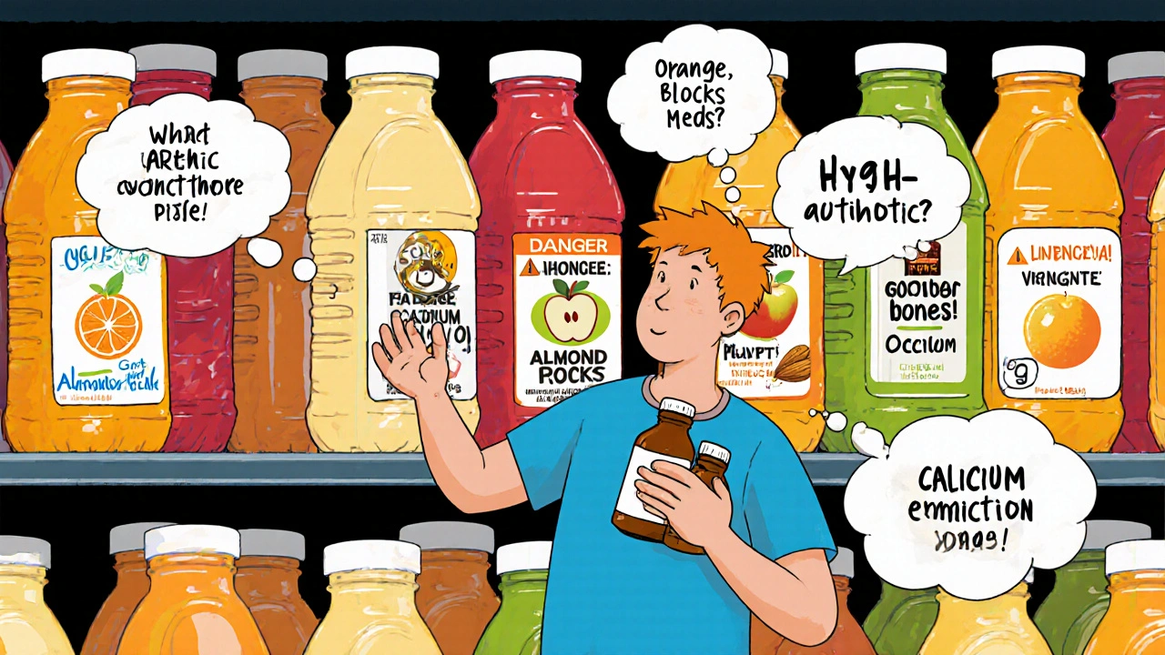 Supermarket shelves of calcium-fortified juices with hidden warning signs, while a patient unknowingly picks one up.