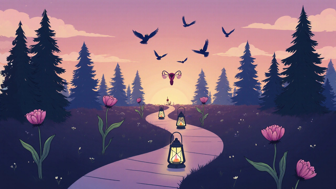 Symbolic forest path with flowers marking miscarriage stages, ending in a glowing uterus lantern.