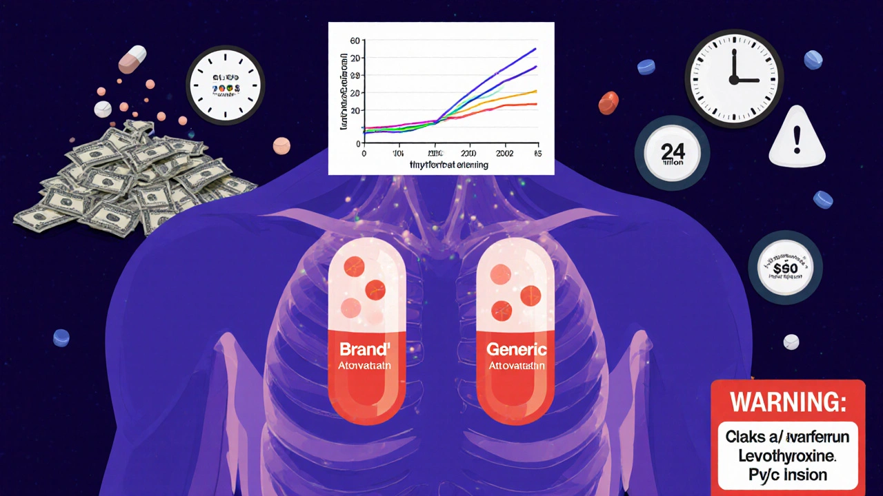 Transparent human body showing identical drug molecules in blood from brand and generic pills, with bioequivalence graph above.