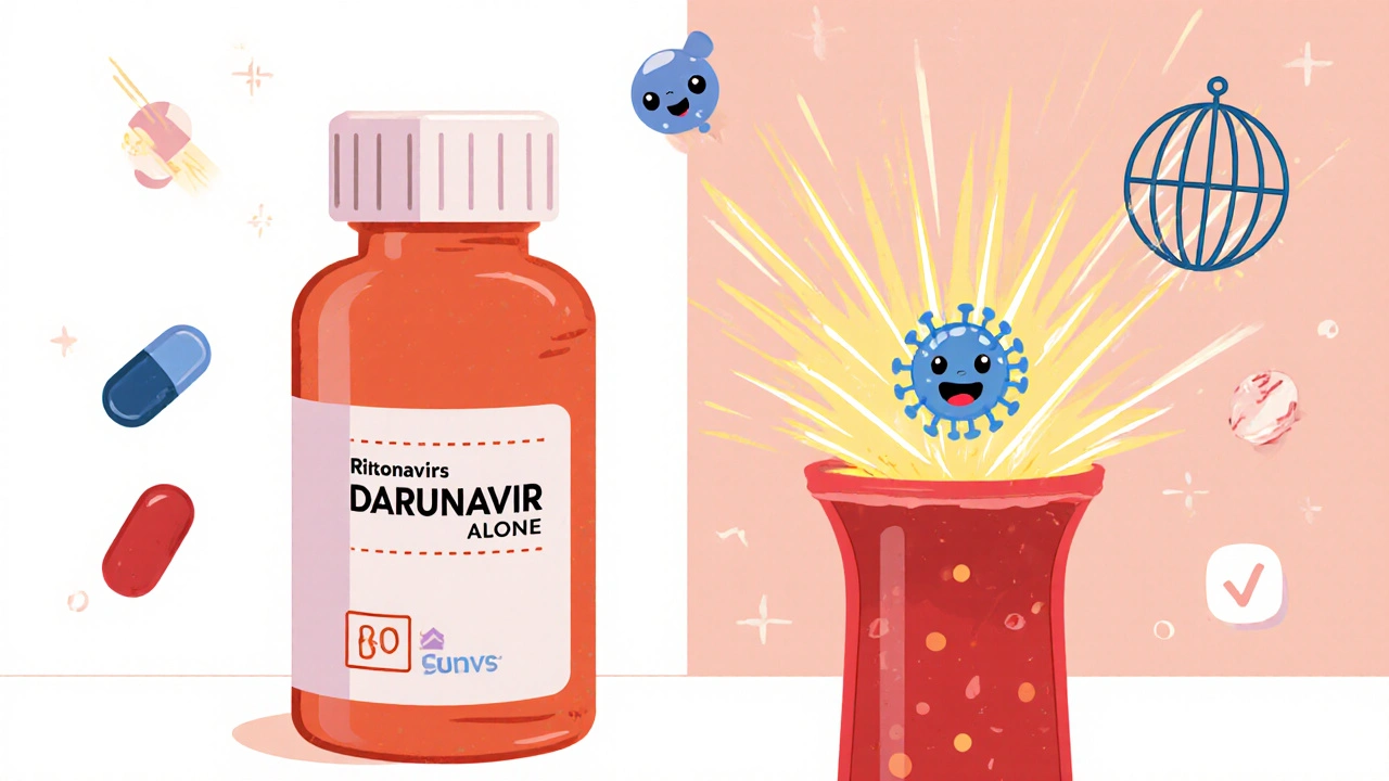 Two pill bottles showing weak vs. strong drug effects with glowing beams and trapped virus.