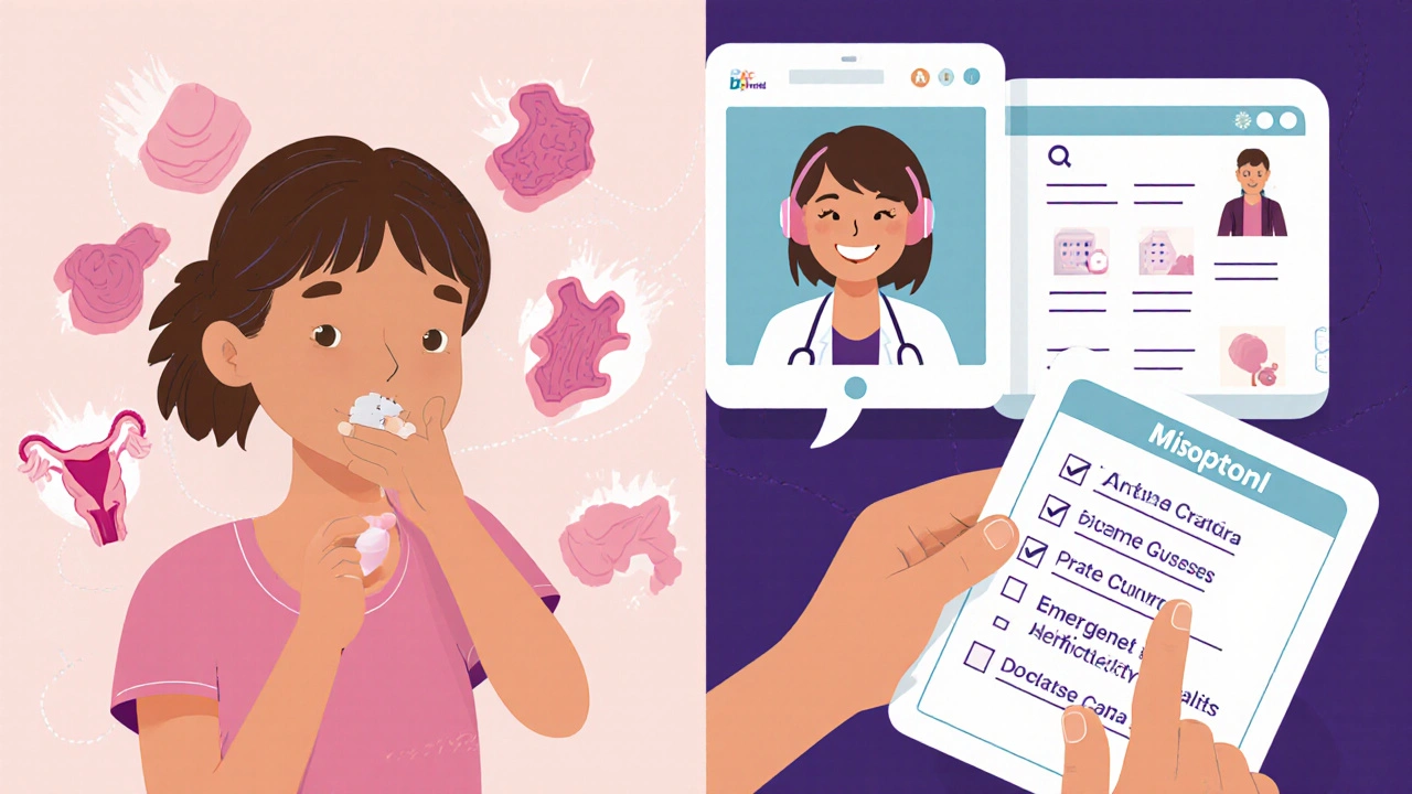 Woman administering misoprostol at home with doctor video call supporting her remotely.