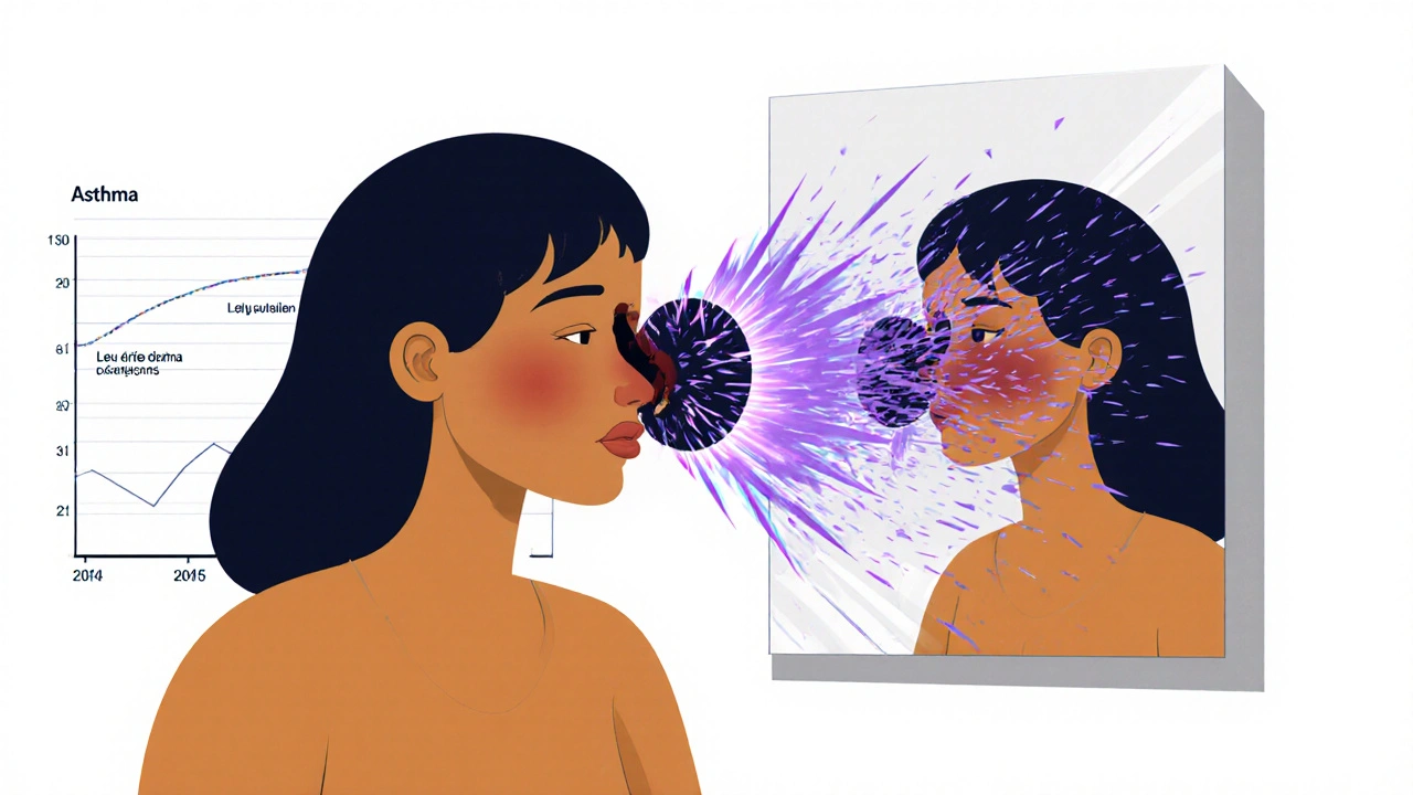 Woman with nasal polyps and glowing leukotriene sparks erupting from sinuses after taking pill, asthma timeline behind.