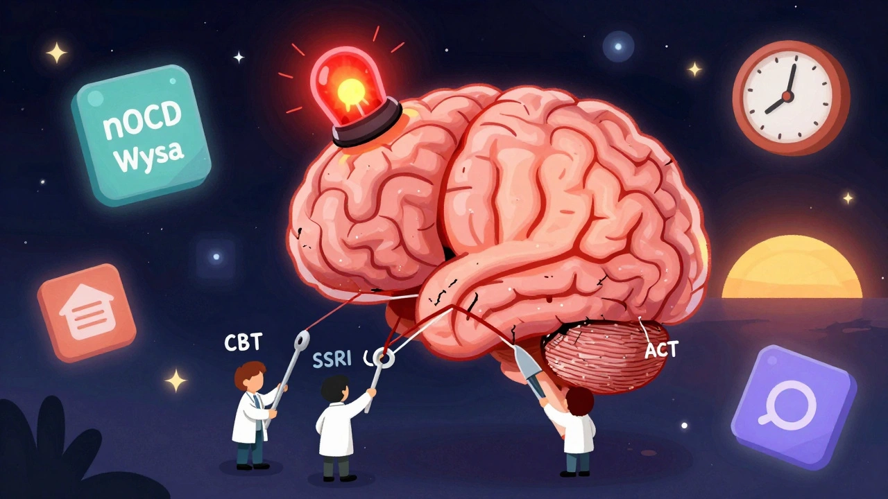 A brain with damaged alarm systems being repaired by therapy tools, floating digital apps, and a rising sun.