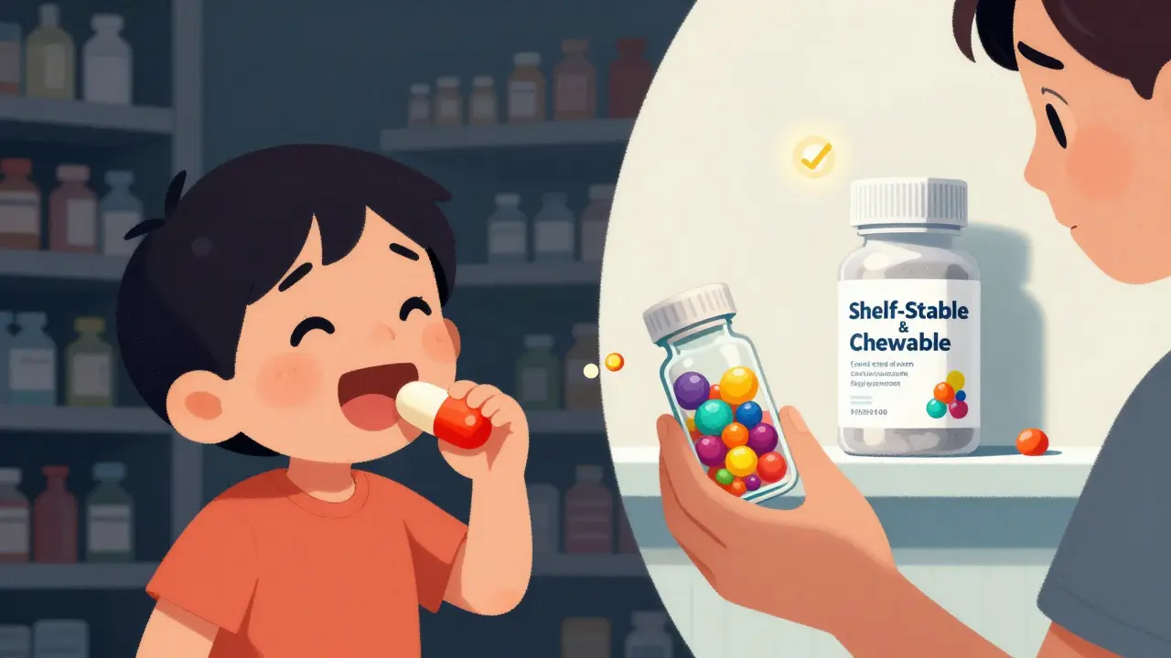 A child chews a colorful reformulated pill while an old refrigerated version melts, highlighting stability and patient-friendly design.