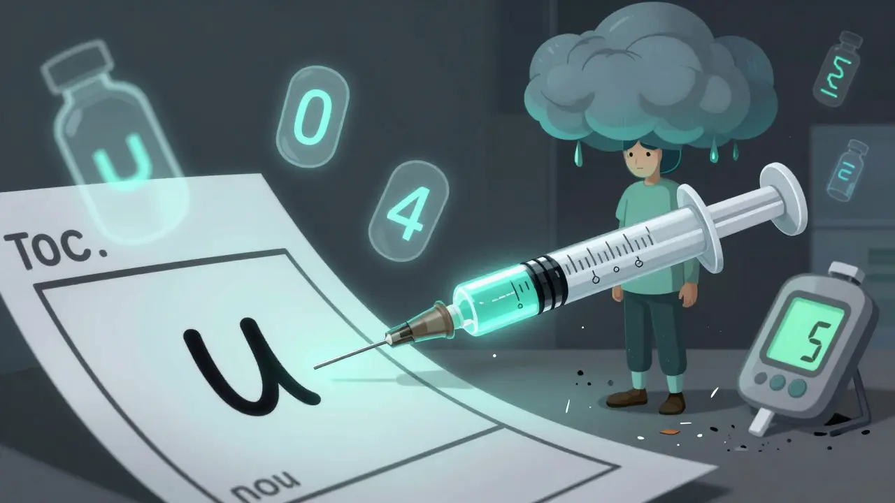 A handwritten 'U' morphing into 0, 4, and cc, with an insulin syringe overflowing near a comatose patient.