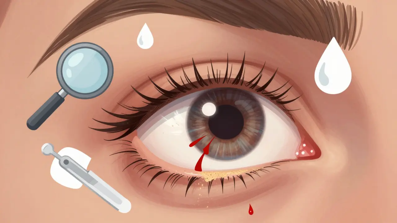 A lower eyelid turned inward with eyelashes rubbing against the eye, causing redness and tearing.