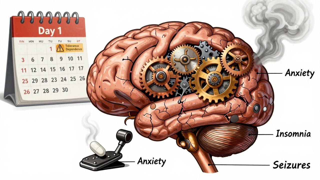 A mechanical brain with GABA brakes being overpowered by a pill, showing signs of tolerance and dependence.