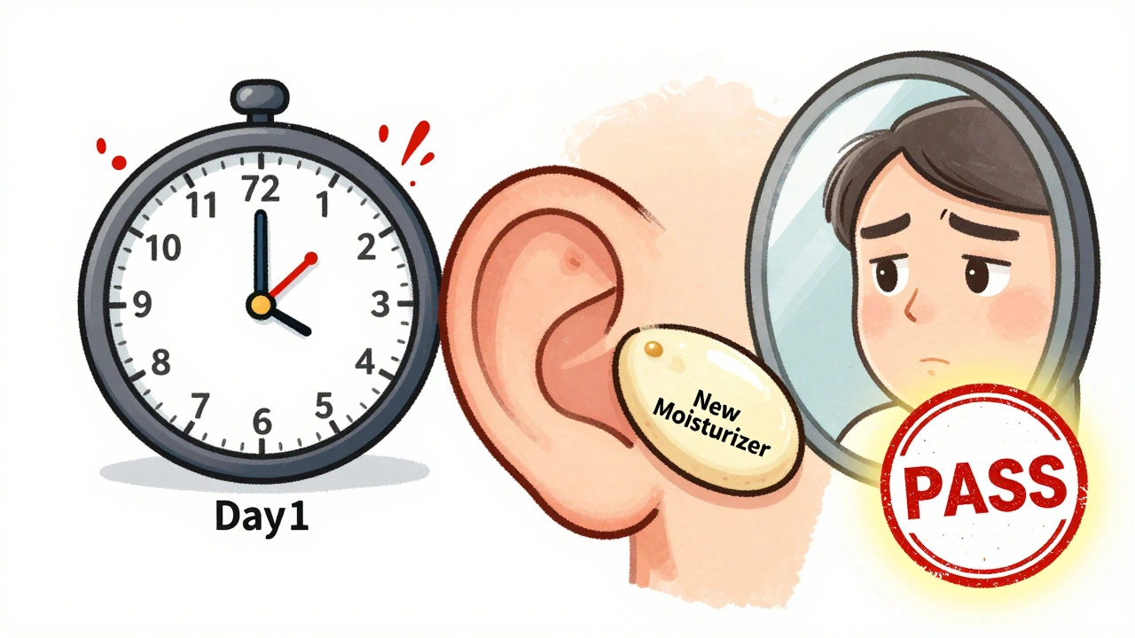 A patch test behind the ear showing irritation developing over 72 hours with a passing stamp.