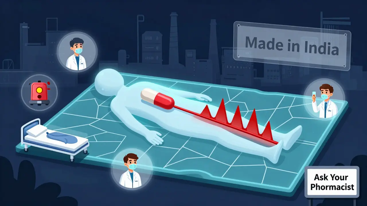 A patient's body with erratic blood sugar spikes from a generic insulin pill, surrounded by medical alerts and a hidden 'Made in India' label.