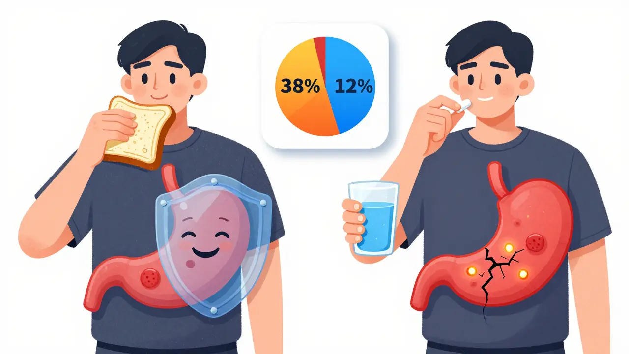 A person taking ibuprofen with food has a healthy stomach; another with water shows stomach damage.