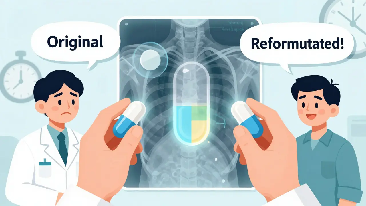 A pharmacist holds two pills side by side, one causing discomfort, the other bringing relief, with internal structure differences shown.