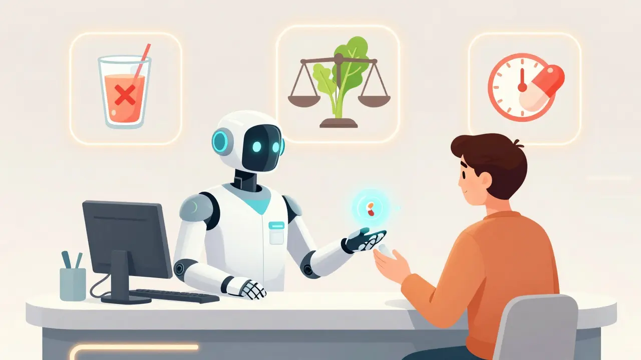 A robot pharmacist gives a smart pill with food-interaction icons floating nearby in a modern pharmacy.