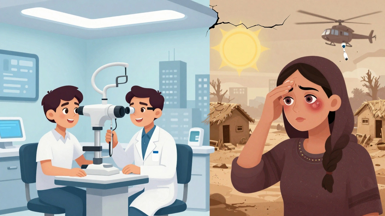 A split scene: a modern eye clinic versus a rural village where lack of eye protection leads to vision damage.