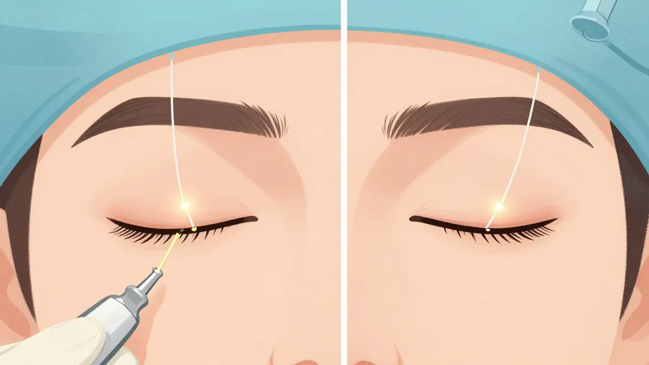 A surgeon connecting an eyelid to the forehead muscle with threads to lift it, showing a before-and-after contrast.