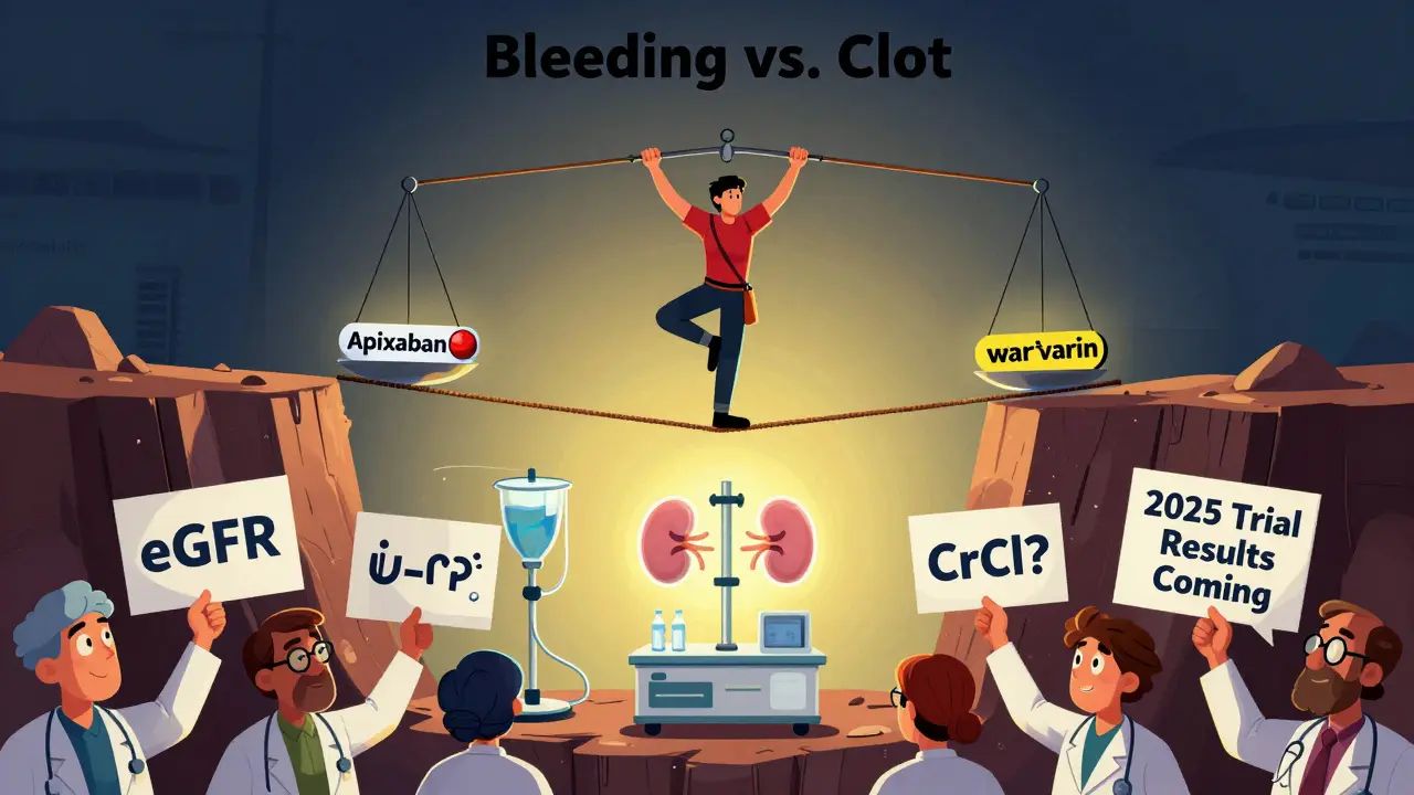 A tightrope walker balancing between bleeding and clot risks over dialysis machines, with doctors holding outdated and upcoming medical info.