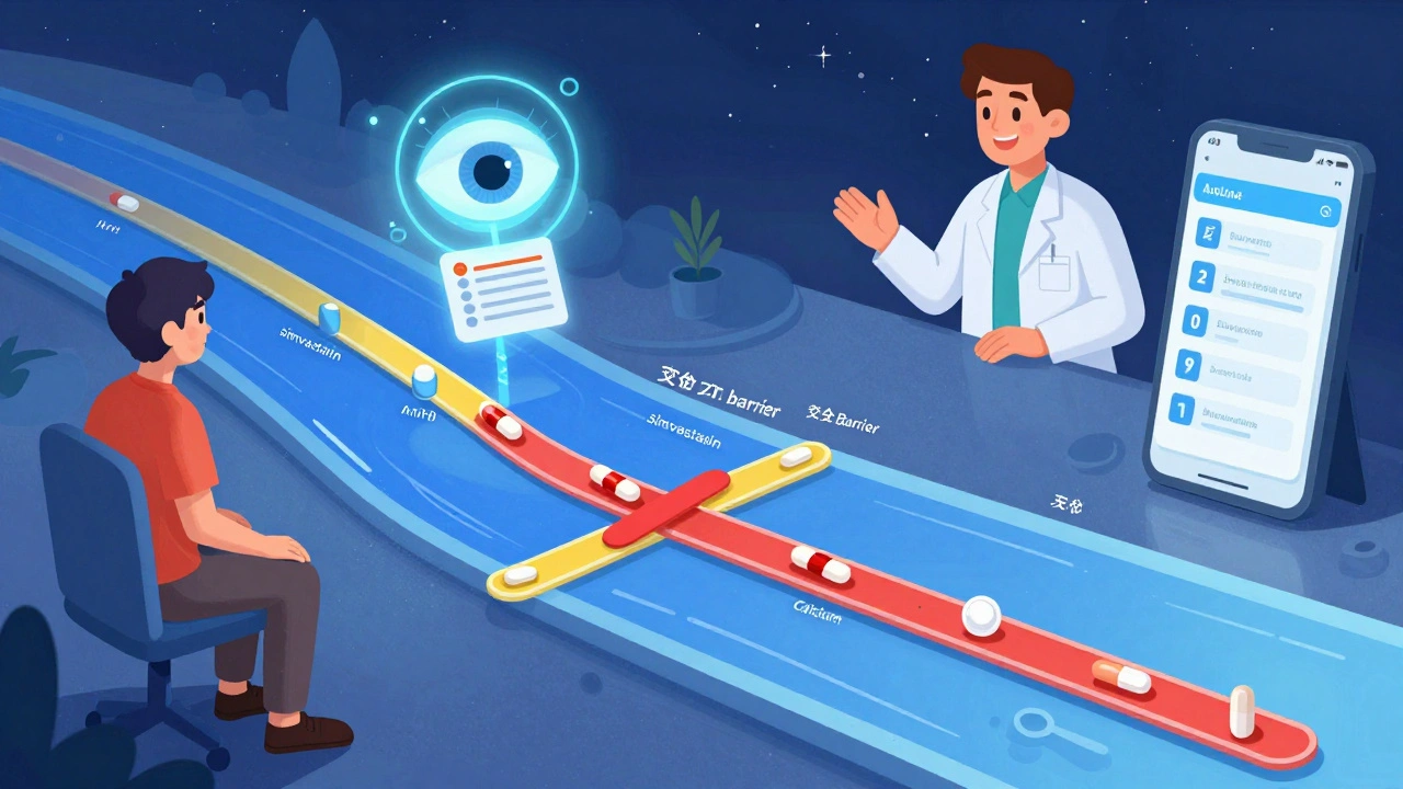 A timeline river of medications flowing safely with color-coded streams, avoiding interaction barriers, guided by an AI eye and pharmacist.