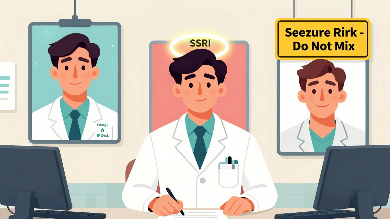A wall of personalized prescription portraits showing different outcomes of bupropion and SSRIs, with warning symbols and positive indicators.