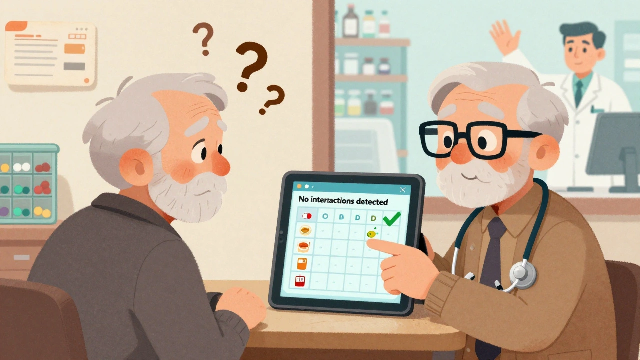 An elderly person confused by a faded label on one side, and smiling at a clear digital schedule guided by a friendly pill on the other.