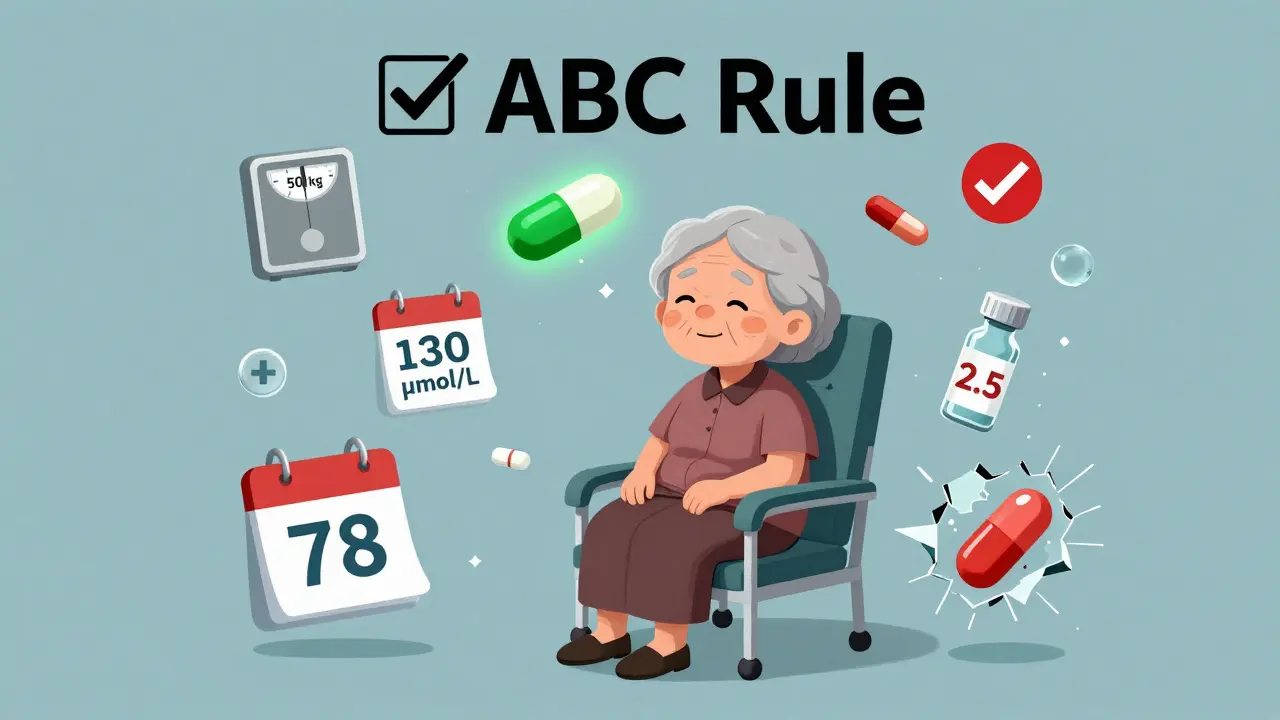 An elderly woman with floating medical criteria for apixaban dosing, where the correct 2.5mg dose glows safely while other drugs are banned.