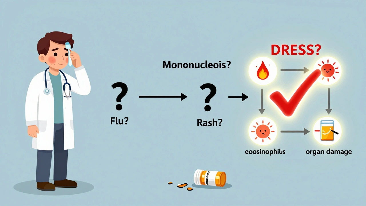 Cartoon diagnostic flowchart leading to DRESS diagnosis with key criteria highlighted.