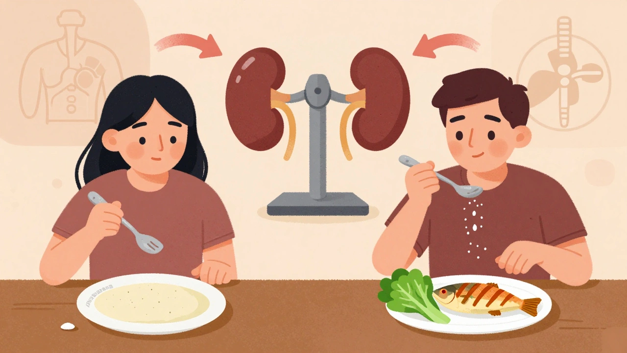Contrasting dietary choices for ascites management: low-sodium vs. moderate-sodium meals with visual cues for kidney and liver health.