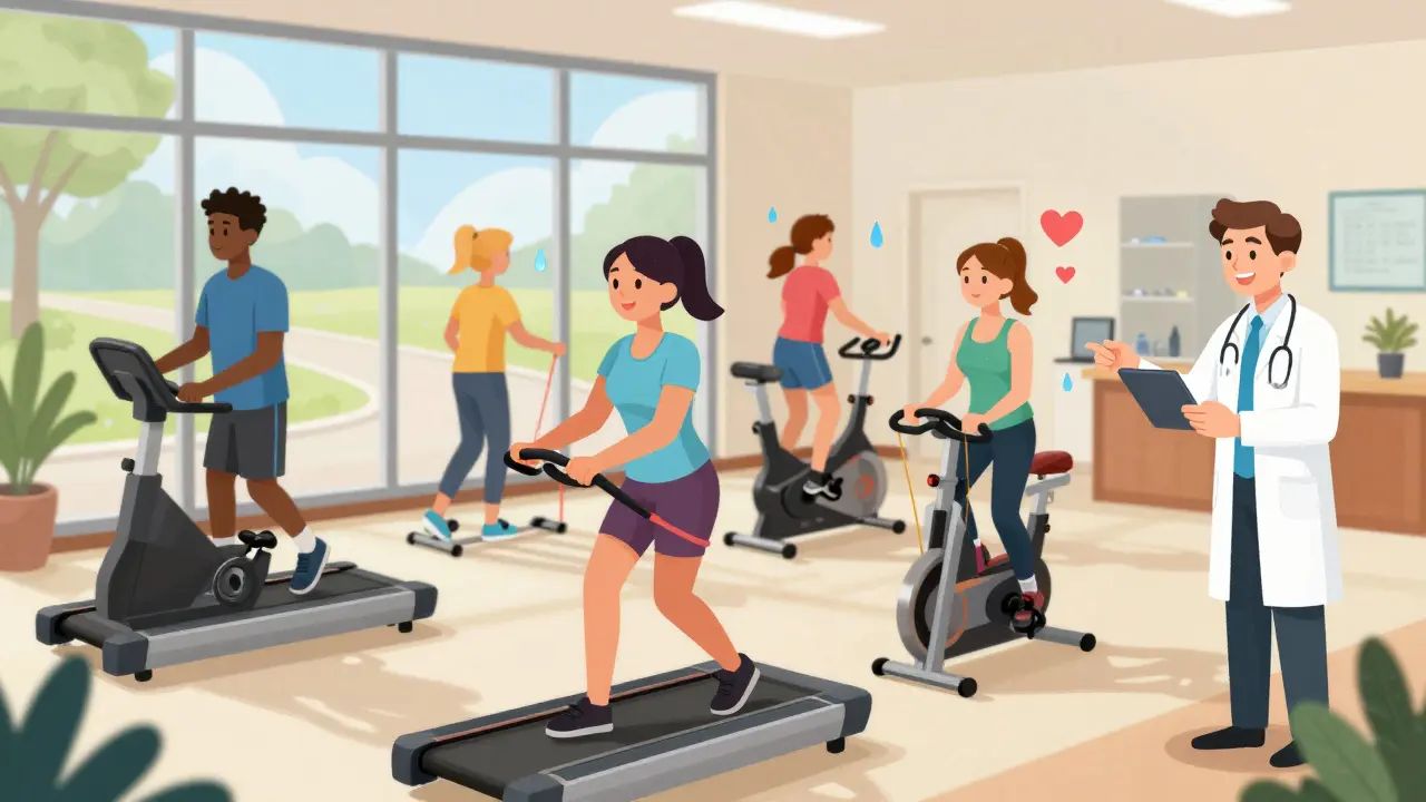 Diverse group exercising in supervised cardiac rehab center with therapist watching vitals.