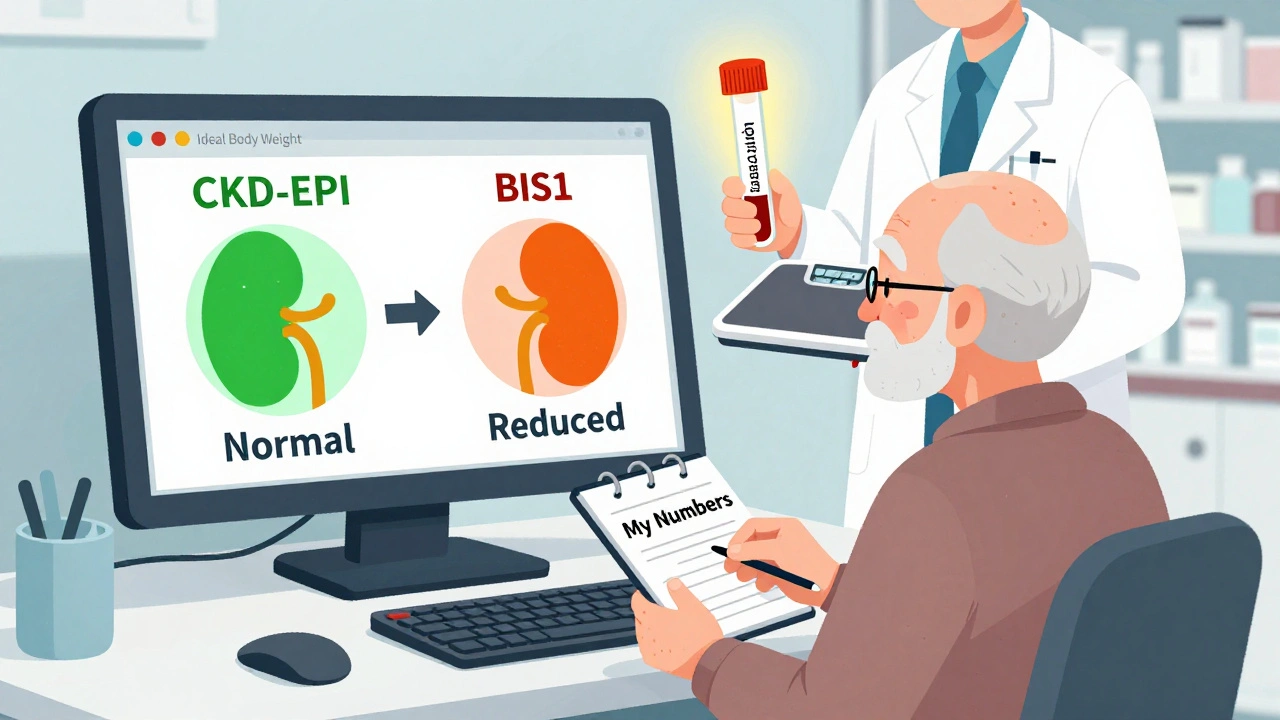 Doctor&#039;s screen shows conflicting kidney function readings, frail patient holds notebook, pharmacist holds ideal weight scale.