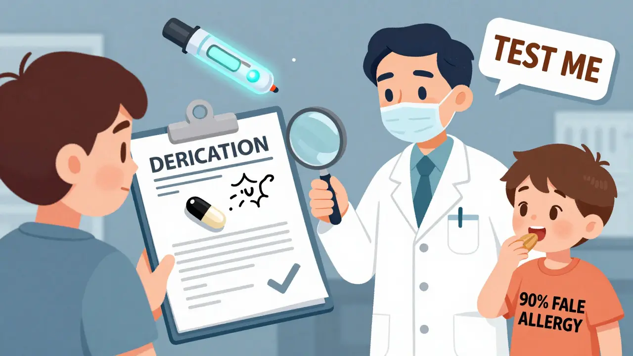 Doctor reveals penicillin allergy is often false, with peanut butter and EpiPen in background.