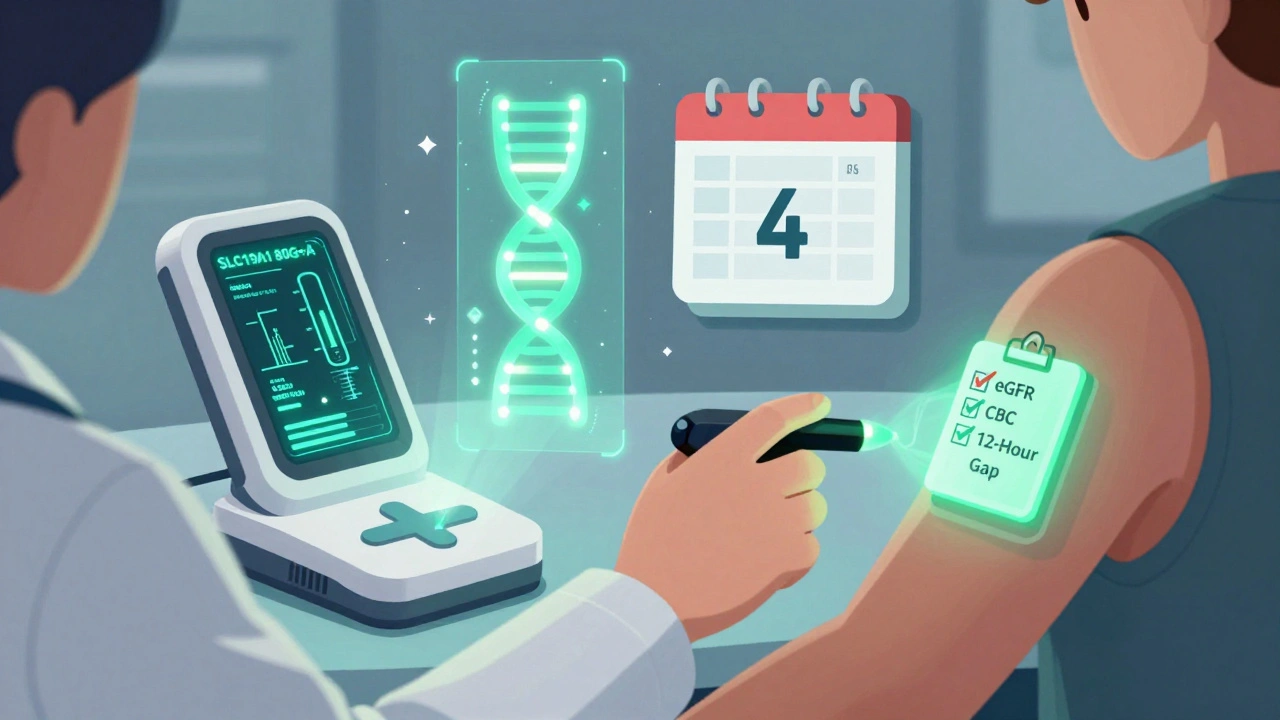 Futuristic device scanning patient to show real-time methotrexate levels and genetic risk.