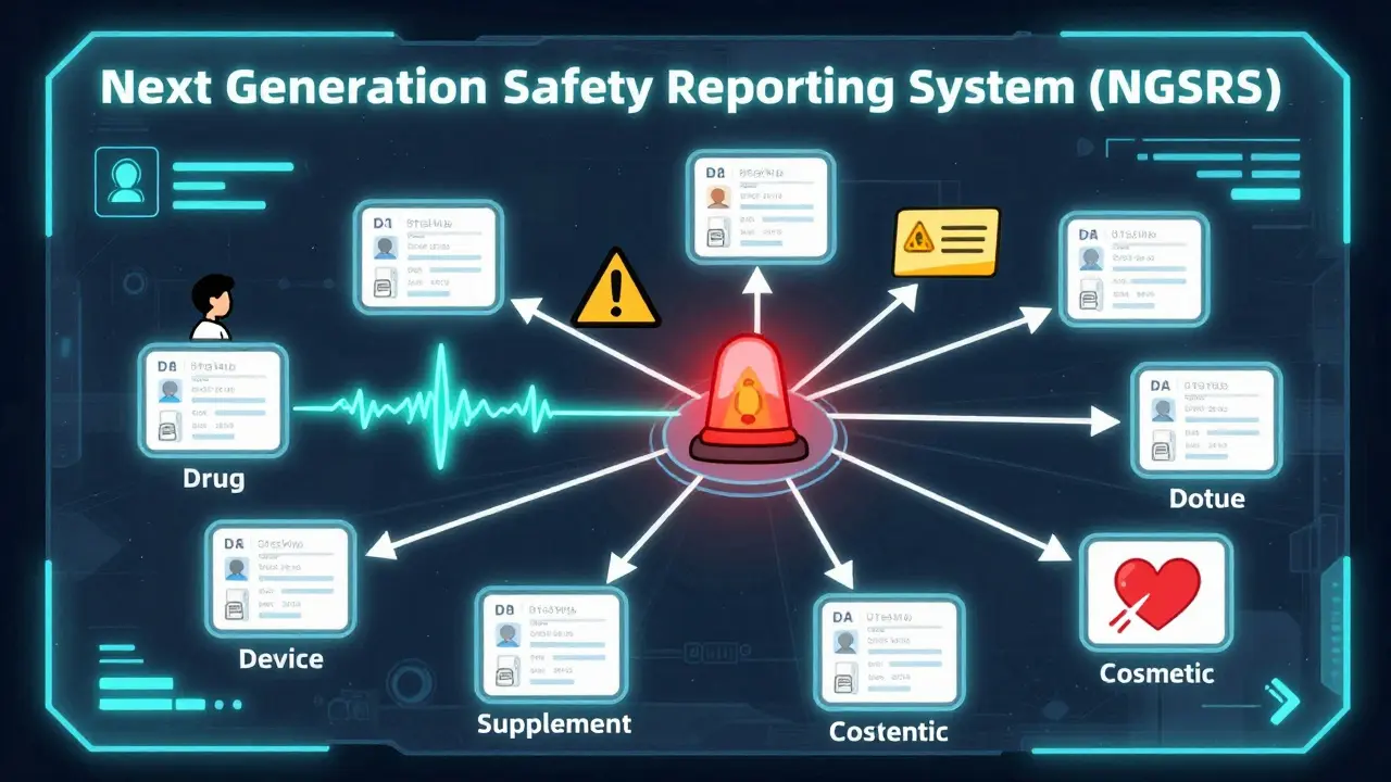Futuristic FDA safety dashboard showing AI-assisted reporting, with a single report triggering a chain reaction of safety alerts.